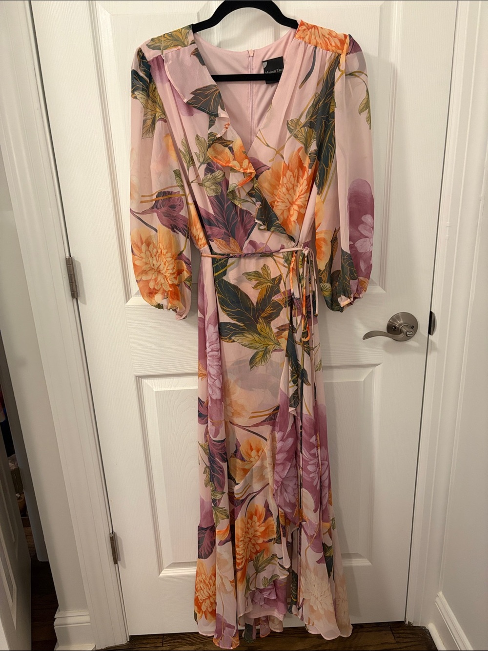 Maison Tara Pink Floral Wrap Maxi Dress with Orange & Purple Blooms